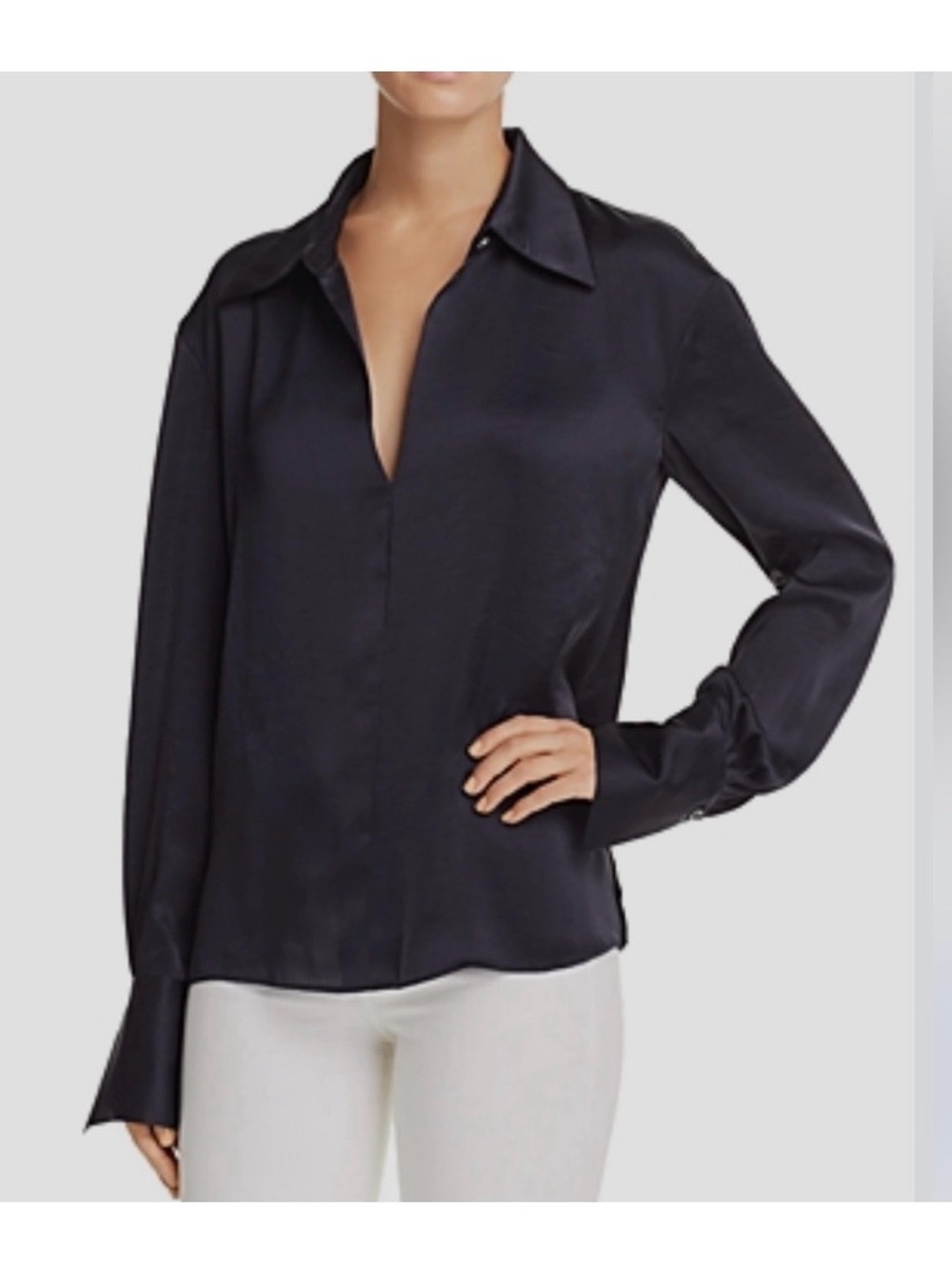 Theory Satin V-Neck Long Sleeve Top flare sleeve chic preppy atelin vince co lar